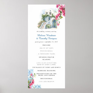 Affiche Programme de mariage floral à carreaux bleus Grè