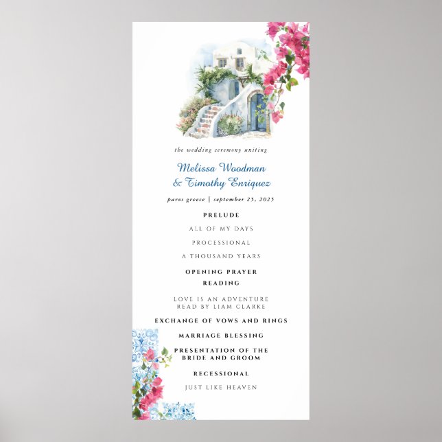 Affiche Programme de mariage floral à carreaux bleus | Grè (Devant)