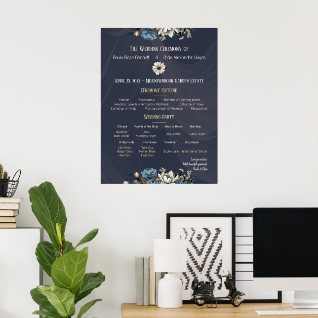 Affiche Programme de mariage floral élégant Navy (Bureau à domicile)