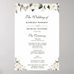 Affiche Programme de mariage floral magnolia aquarelle