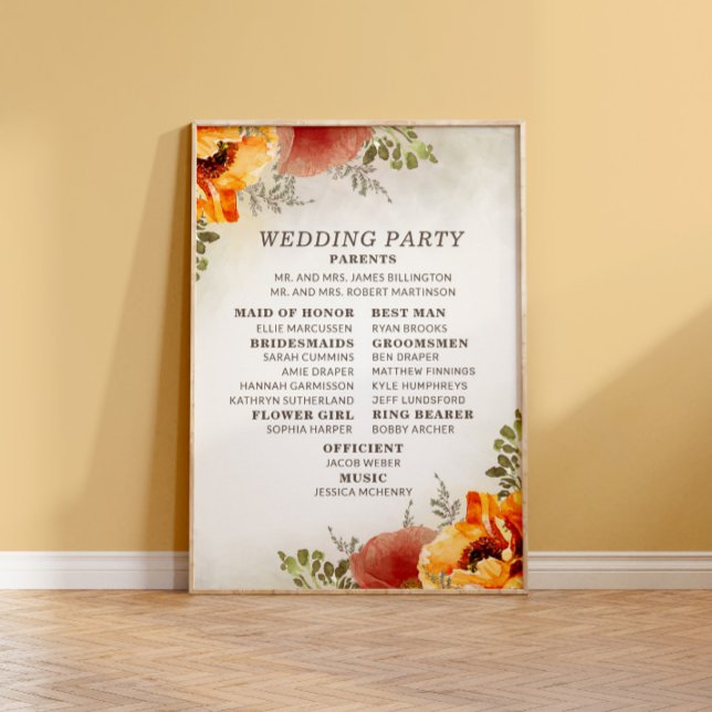 Affiche Programme de mariage floral orange brûlé élégant (Créateur téléchargé)