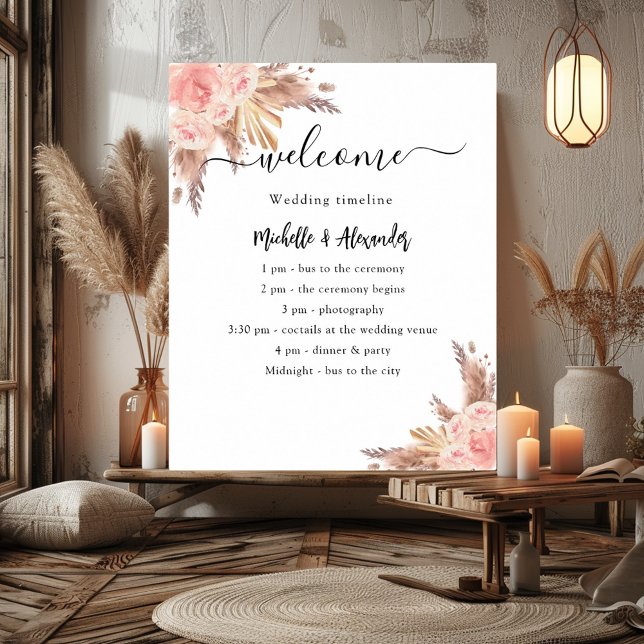 Affiche programme de mariage floral rose herbe des pampas  (Créateur téléchargé)