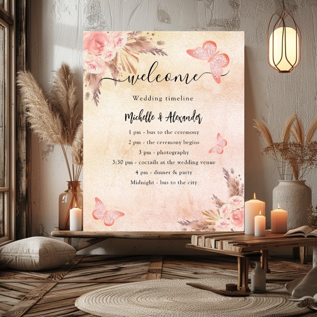 Affiche Programme de mariage floral rose Pampas Blush (Créateur téléchargé)
