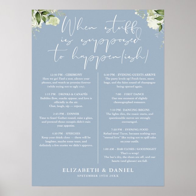 Affiche Programme de mariage floral verdoyant bleu poussié (Devant)