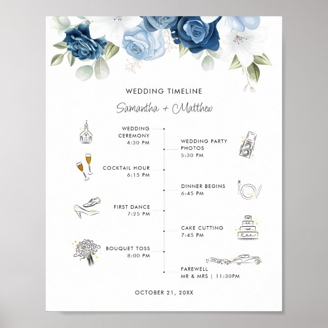 Affiche Programme de mariage moderne floral bleu poussiére (Devant)