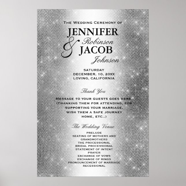 Affiche Programme de mariage | Soft Silver Parties scintil (Devant)