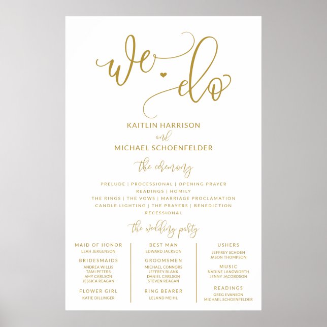 Affiche Programme de mariage Taille des signes Gold Callig (Devant)