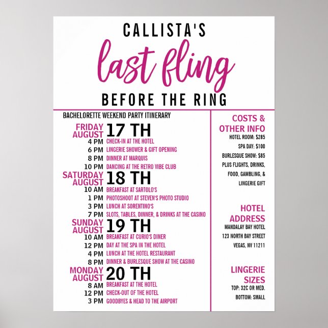 Affiche Programme de soirée de bachelorette rose filleul n (Devant)