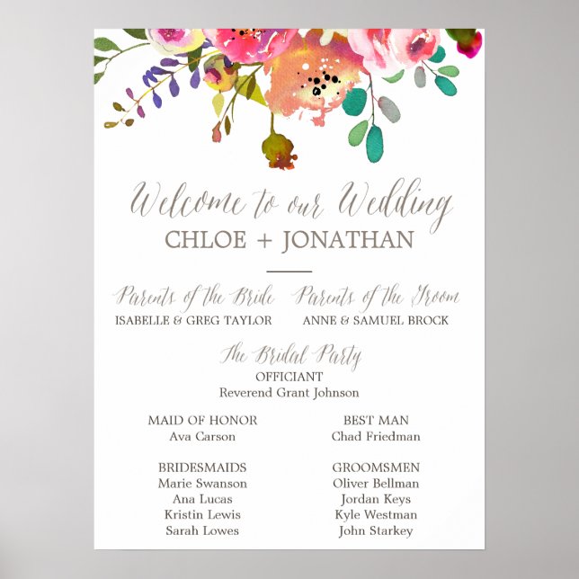Affiche Programme simple de mariage floral Bouquet d'aquar (Devant)