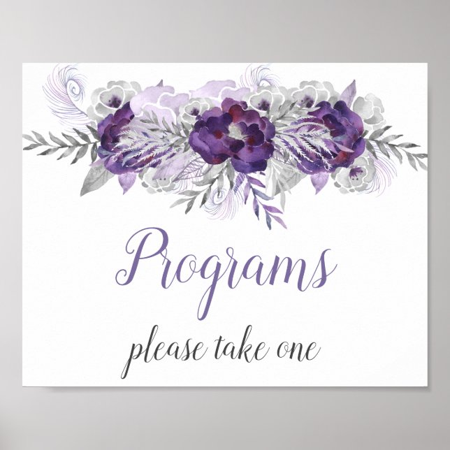 Affiche Programmes de mariage floraux gris argent violet (Devant)