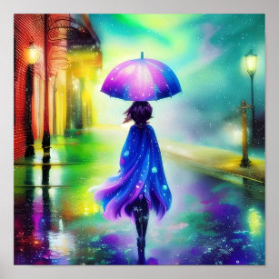 Affiche Promenade colorée sous la pluie