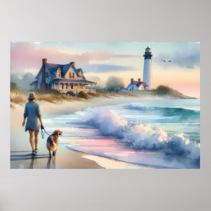 Affiche Promenade côtière jusqu'au phare au coucher du sol