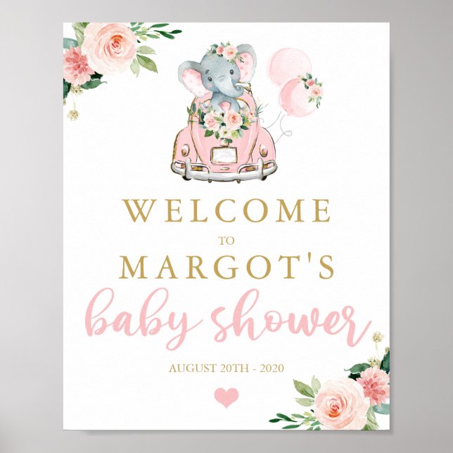 Affiche Promenade Elephant Par Baby shower Rose Roses Bien (Devant)