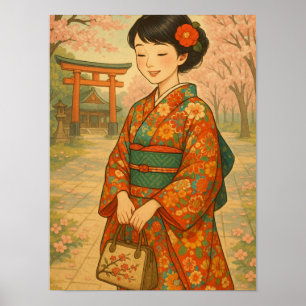 Affiche Promenade en fleurs de cerisier - Japonaise fille