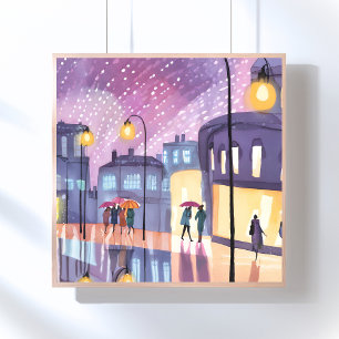 Affiche Promenade Lofi Pluvieuse Aquarelle Lumières Colo