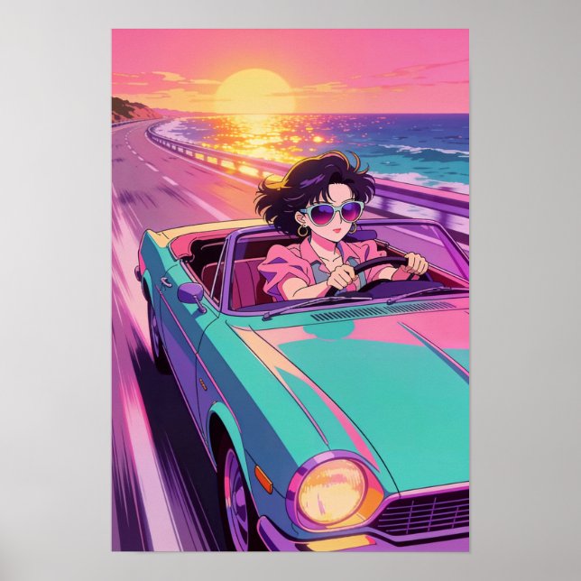 Affiche Promenade Rétro Côtière Anime 90s Coucher de Solei (Devant)