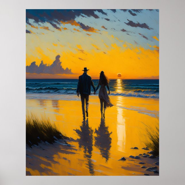 Affiche Promenade romantique, couple sur la plage peinture (Devant)