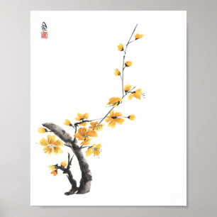 Affiche Promesse Dorée Fleur de Prunier Jaune Art Aquarell