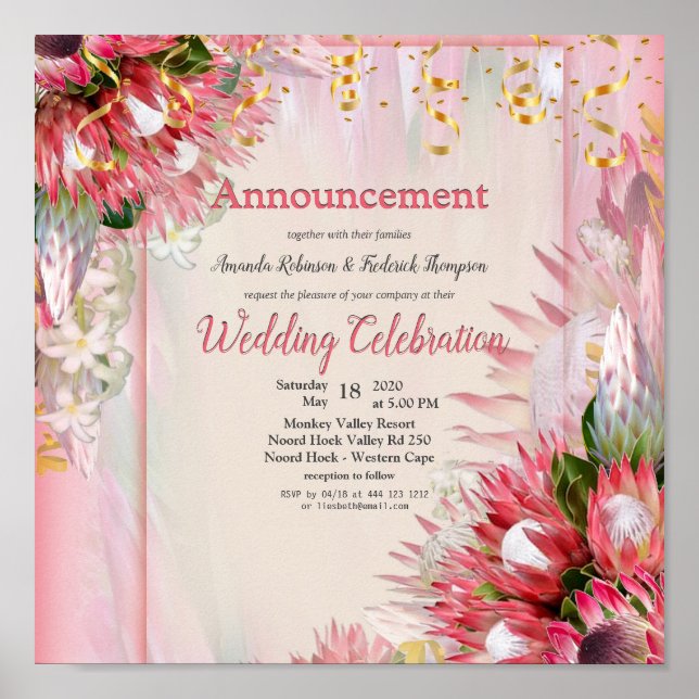 Affiche Protea Fuchsia avec Blush & Gold Faire-part (Devant)