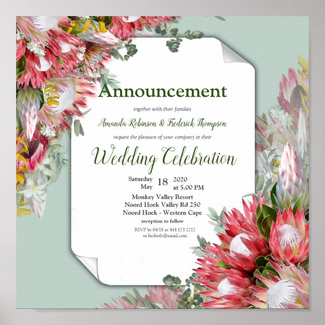 Affiche Protea Fuchsia avec Faire-part vert & or (Devant)