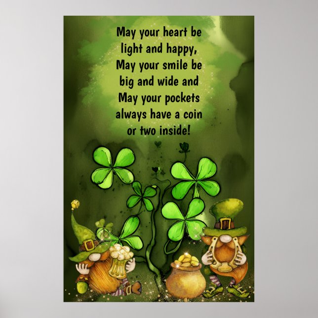 Affiche Proverbe irlandais, Clovers et Leprechaun Gnomes (Devant)