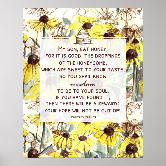 Affiche Proverbes Manger du miel Ruche Abeilles Fleurs sau (Devant)