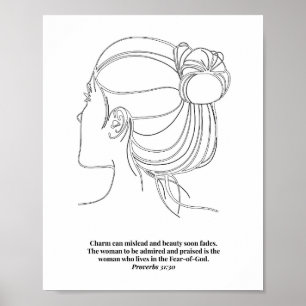 Affiche Proverbs 31:30 Womans Face Line Art Sketch Black a