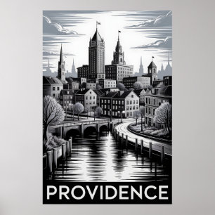 Affiche Providence Rhode Island Gravure sur bois Noir Blan