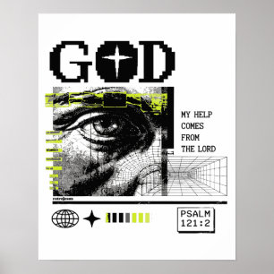 Affiche Psaume 121:2 Neon Lime Œil de Dieu CRT Glitch Art