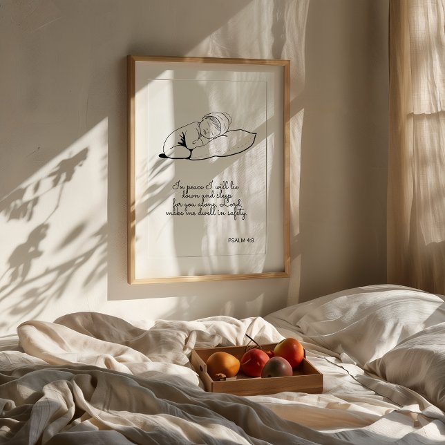 Affiche Psaume 4:8 En Paix Je Vais Menser Imprimer (Minimalist Psalm 4:8 wall art in a neutral modern room with wooden furniture and soft light.)