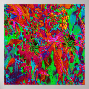Affiche Psychedelic Groovy Red and Green Wildflowers