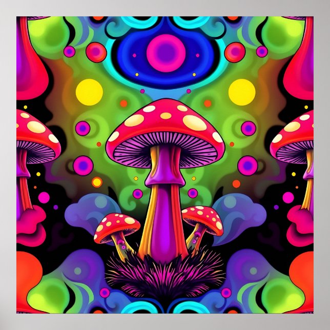 Affiche Psychedelic Vibrant Colorful Retro Mushrooms (Devant)