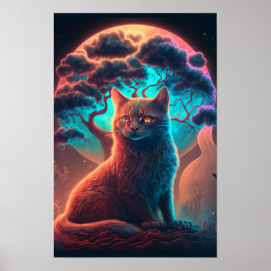Affiche psychédélique de chat mystique Chat cosm