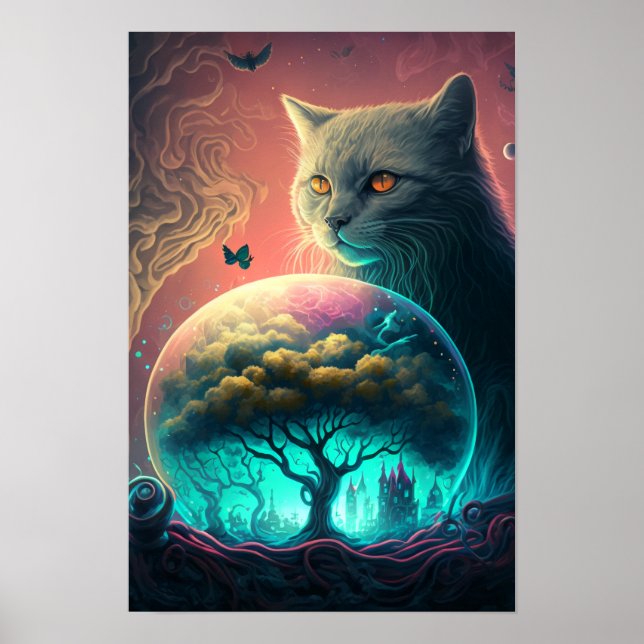 Affiche psychédélique de chat mystique | Chat cosm (Devant)