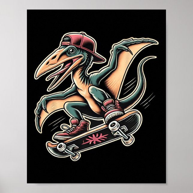 Affiche Ptérodactyle de skateboard radical dessin animé di (Devant)