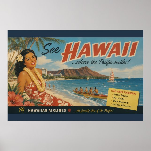 Affiche Publicité de voyage hawaïen de style vintage (Devant)