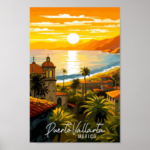 Affiche Puerto Vallarta Mexique illustration de voyage vin