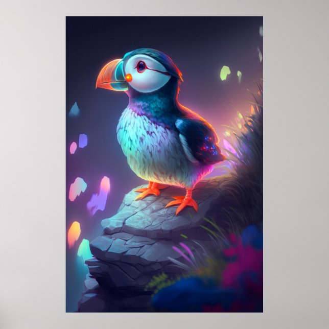 Affiche Puffin Oiseau Animal Portrait Peinture Forêt Espri (Devant)