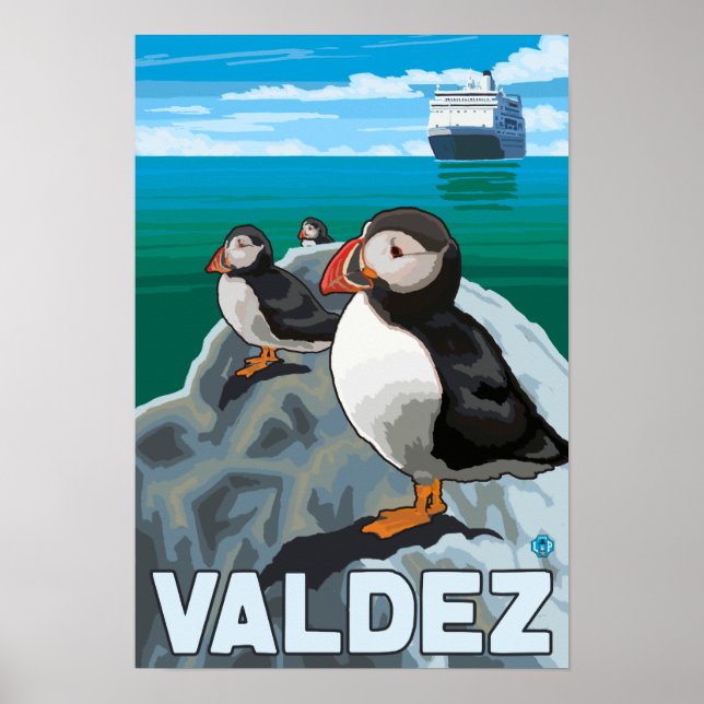 Affiche Puffins & Cruise Ship - Valdez, Alaska (Devant)
