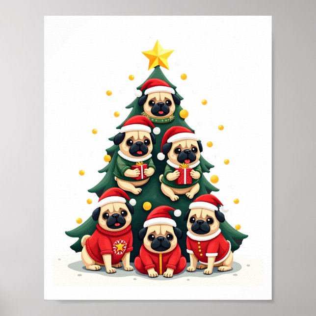 Affiche Pug de Noël Arbre Mignon Xmas (4) (Devant)