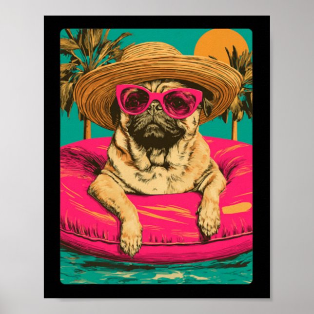 Affiche Pug d'été avec lunettes de soleil Chien mignon Pis (Devant)