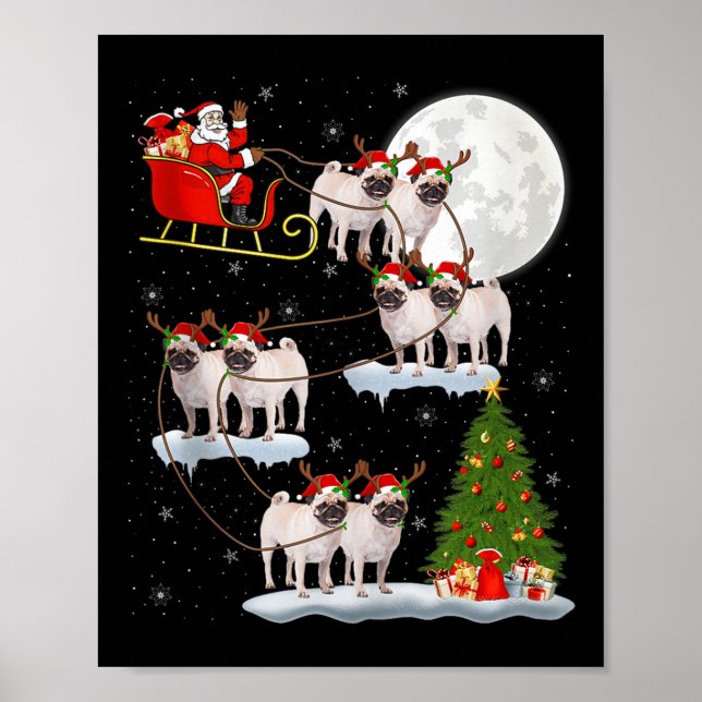 Affiche Pug Dogs Santa Sleigh Flying Funny Magical Christm (Devant)