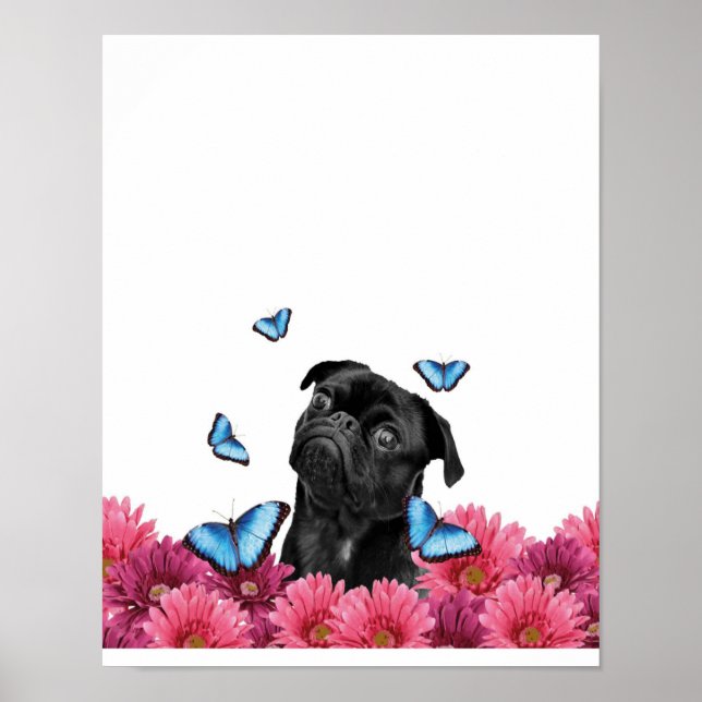 Affiche Pug Gerbera Butterflies | Cute Black Dog (Devant)