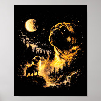 Affiche Pug howling to the moon vintage 90s funny dog