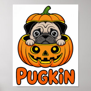 Affiche Pugkin d'Halloween, chien pug citrouille