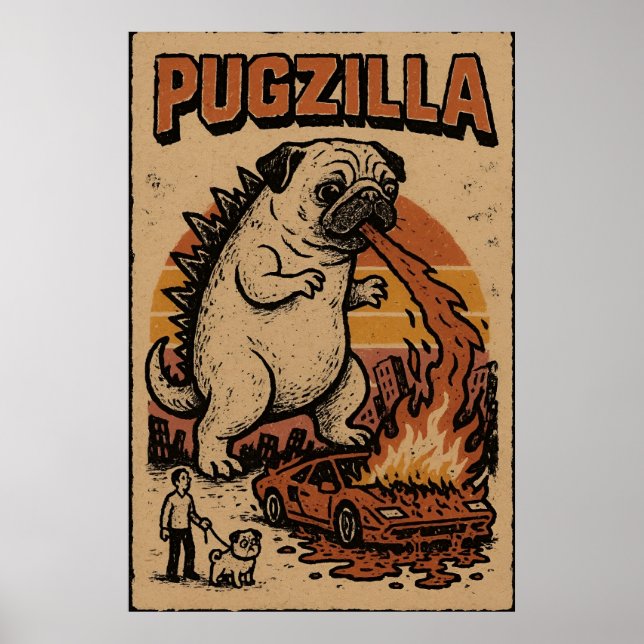 Affiche Pugzilla – Illustration de monstre carlin  (Devant)