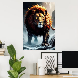 Affiche Puissant Lion Marchant Sur L'Eau