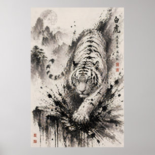 Affiche Puissant Tigre Blanc Encre Éclaboussure Peinture O