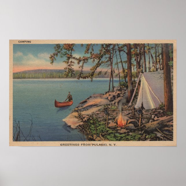 Affiche Pulaski, NY Vue du canot, Camping, Tente, Lac (Devant)