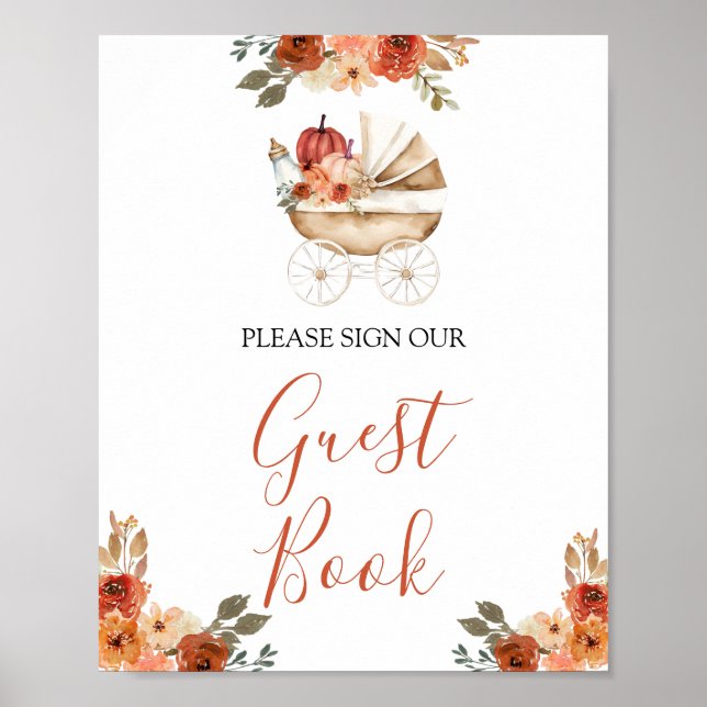 Affiche Pumpkin Stroller Floral Baby Shower Guest Book (Devant)